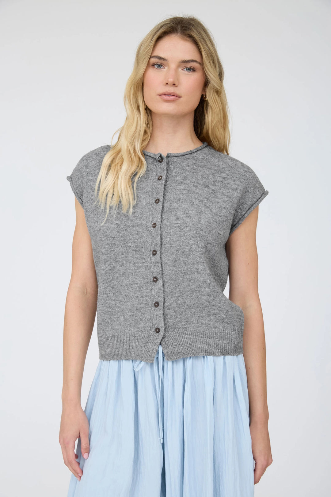 Teresa Heather Grey Button-Up Sweater Vest | Sustainable Wool Blend