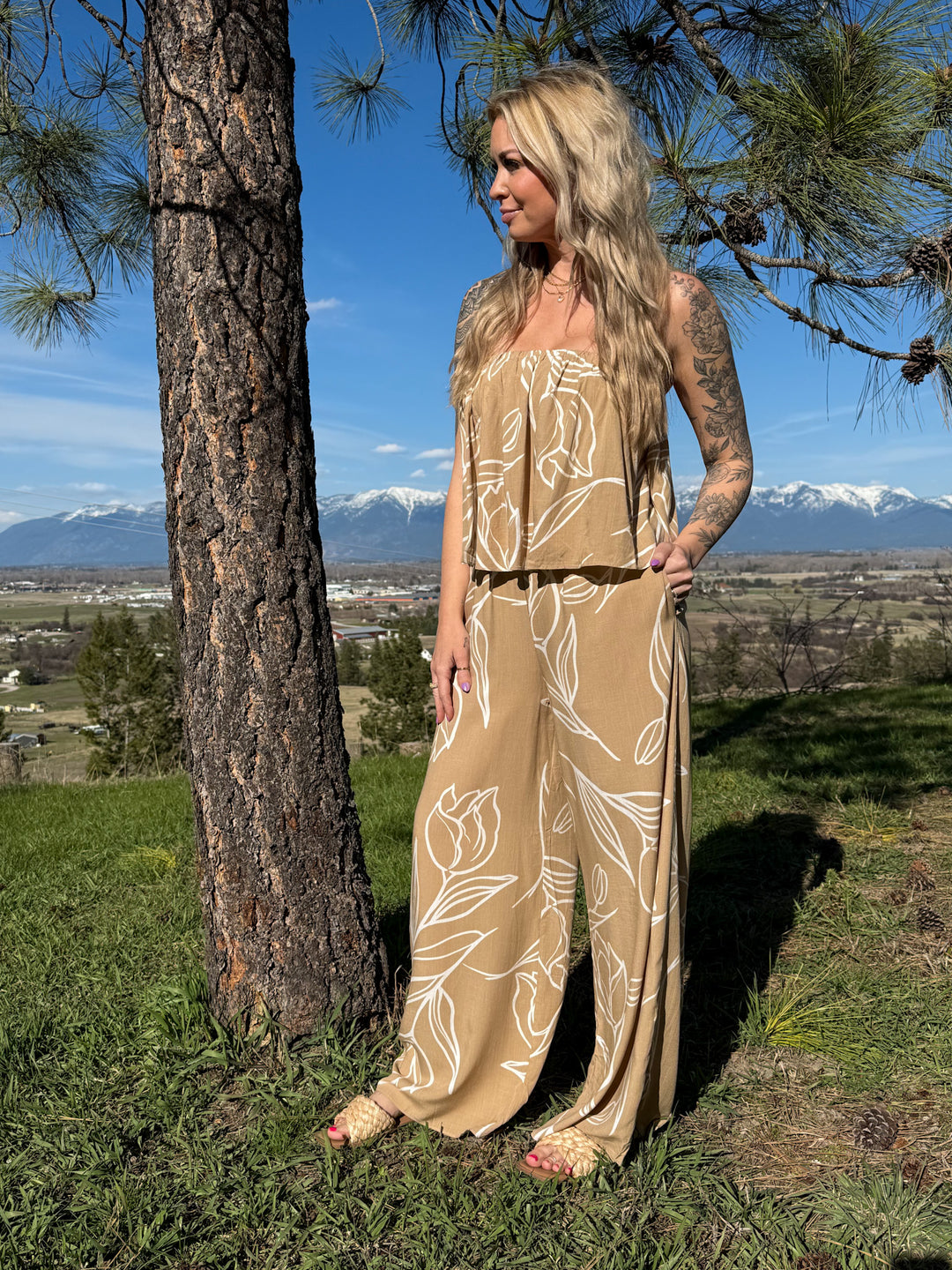 The Callie Jumpsuit - strapless, wide-leg jumpsuit with a floral sketch print