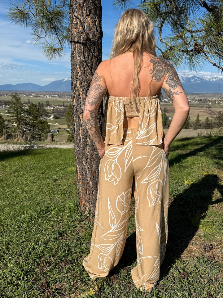 The Callie Jumpsuit - strapless, wide-leg jumpsuit with a floral sketch print