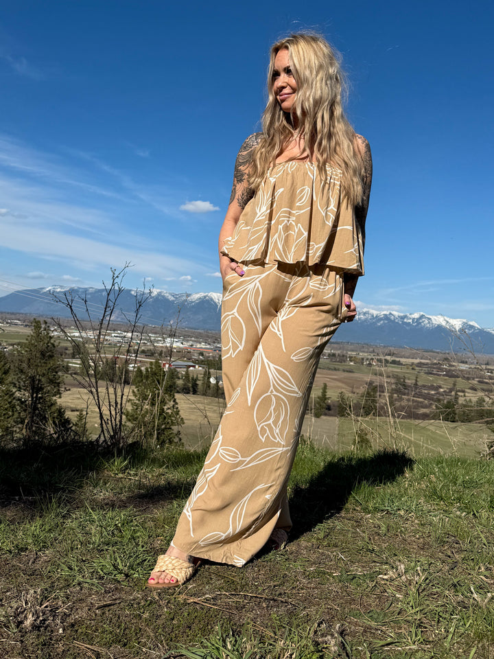 The Callie Jumpsuit - strapless, wide-leg jumpsuit with a floral sketch print