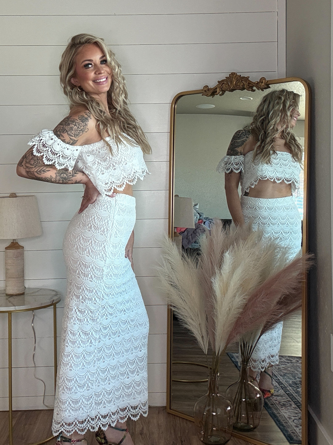 The Alycia Lace Crop Top - delicate lace detailing, a flattering off-the-shoulder neckline, and flutter sleeves