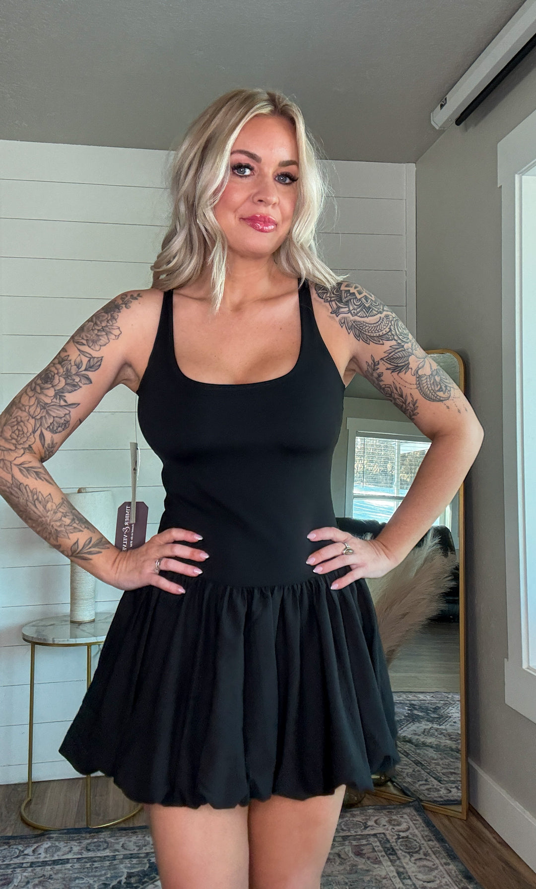 The Misa Active Dress - bubble skirt design, adjustable spaghetti straps, built-in under shorts with pockets