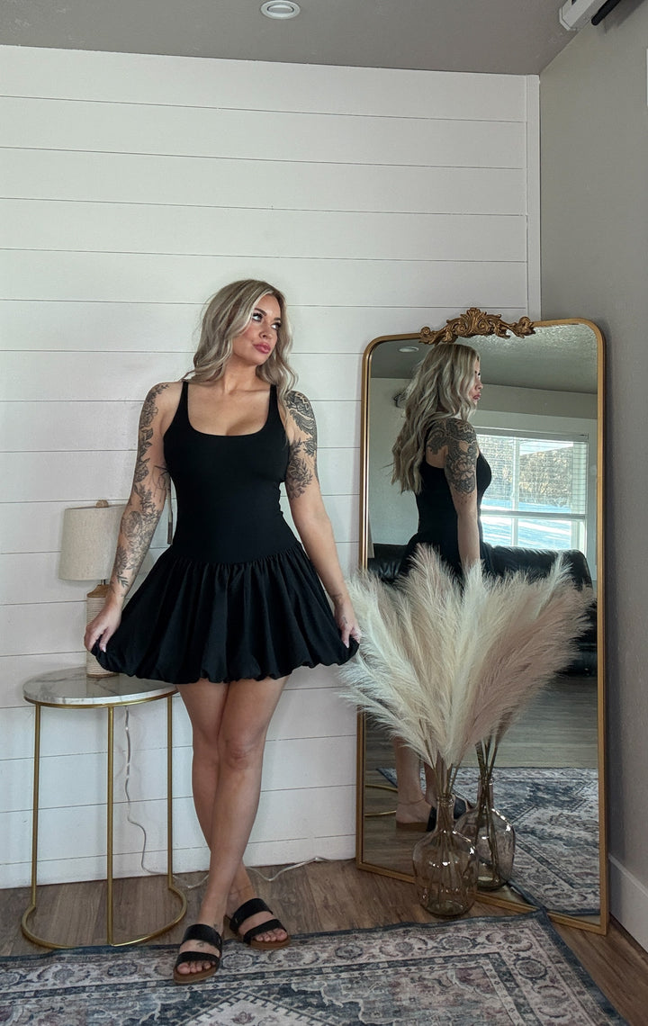 The Misa Active Dress - bubble skirt design, adjustable spaghetti straps, built-in under shorts with pockets