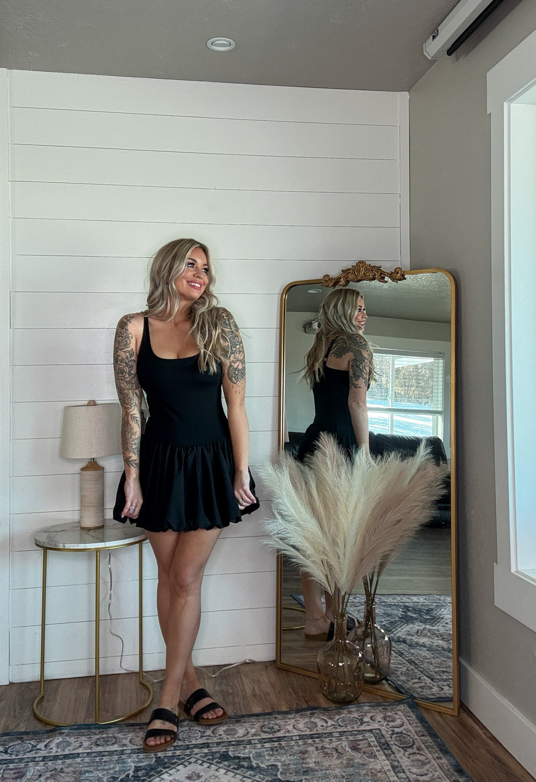 The Misa Active Dress - bubble skirt design, adjustable spaghetti straps, built-in under shorts with pockets