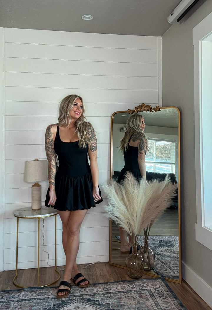 The Misa Active Dress - bubble skirt design, adjustable spaghetti straps, built-in under shorts with pockets