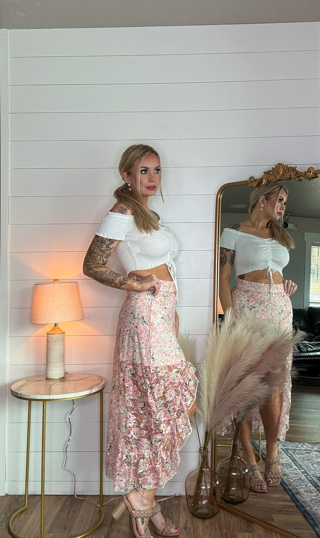 The Meadow Maxi Skirt - high-waisted fit, soft ruffles, and a bold high-cut front with paisley design 
