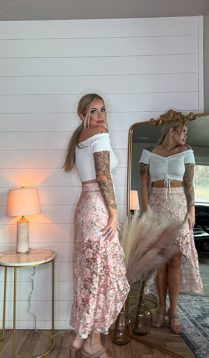 The Margo off the shoulder top - crop top with smocked bodice, off-shoulder neckline, and adjustable front tie