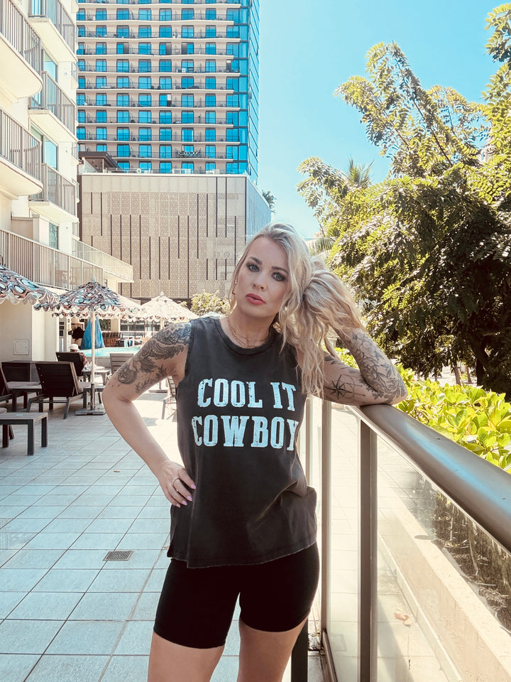 Cool it cowboy tank- Cool it cowboy graphic muscle tank top