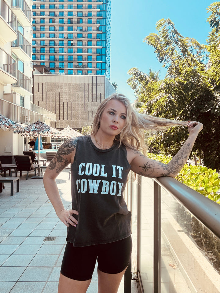 Cool it cowboy tank- Cool it cowboy graphic muscle tank top