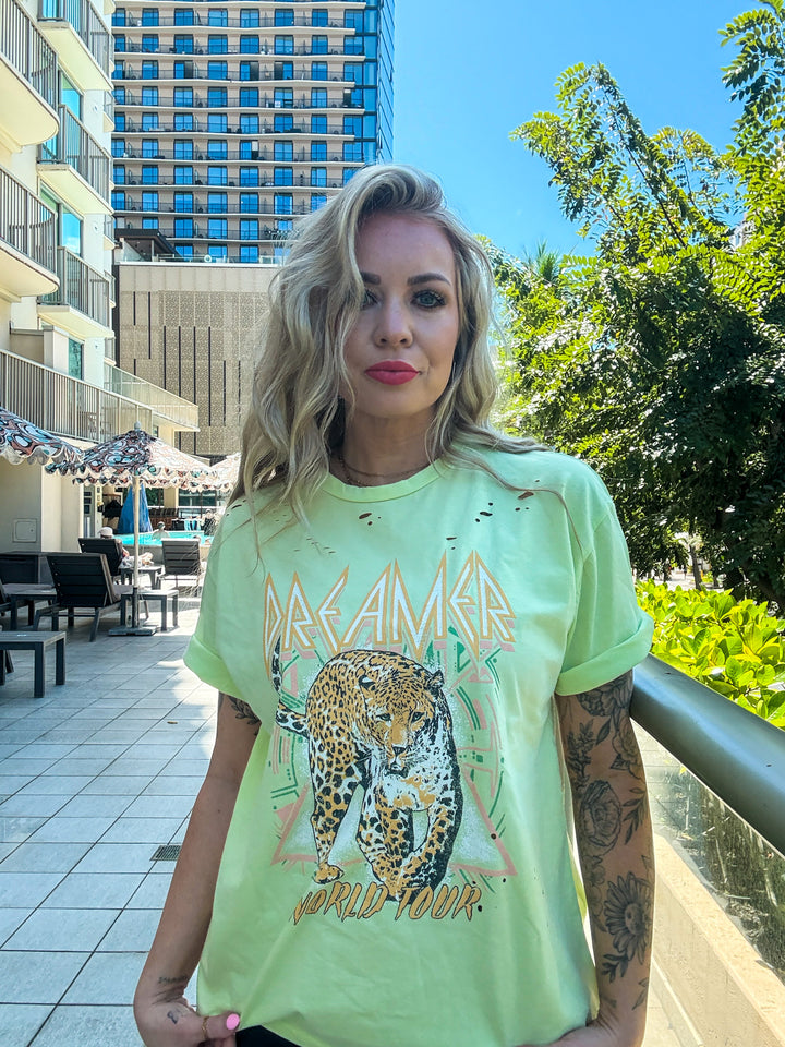 The Dreamer Tee -Lime Green, Leopard concert graphic tee with distressing 