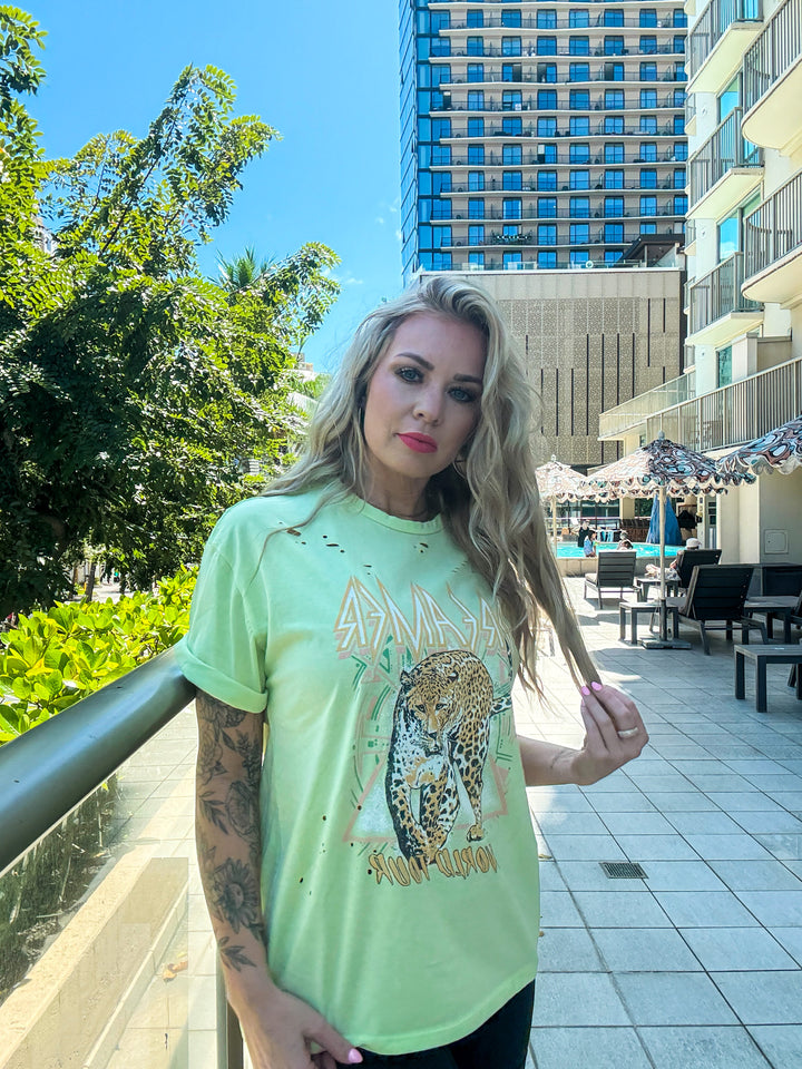 The Dreamer Tee -Lime Green, Leopard concert graphic tee with distressing 