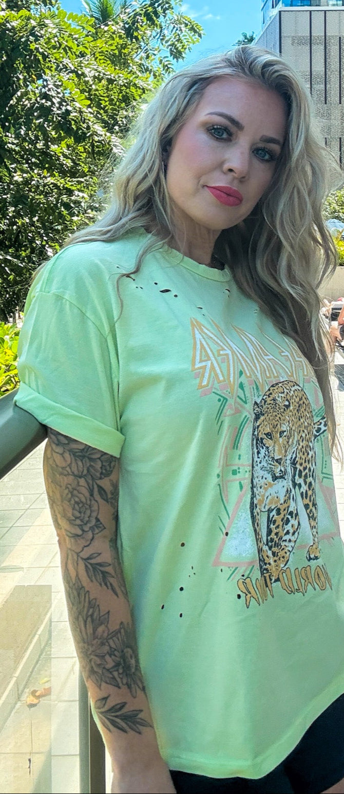 The Dreamer Tee -Lime Green, Leopard concert graphic tee with distressing 