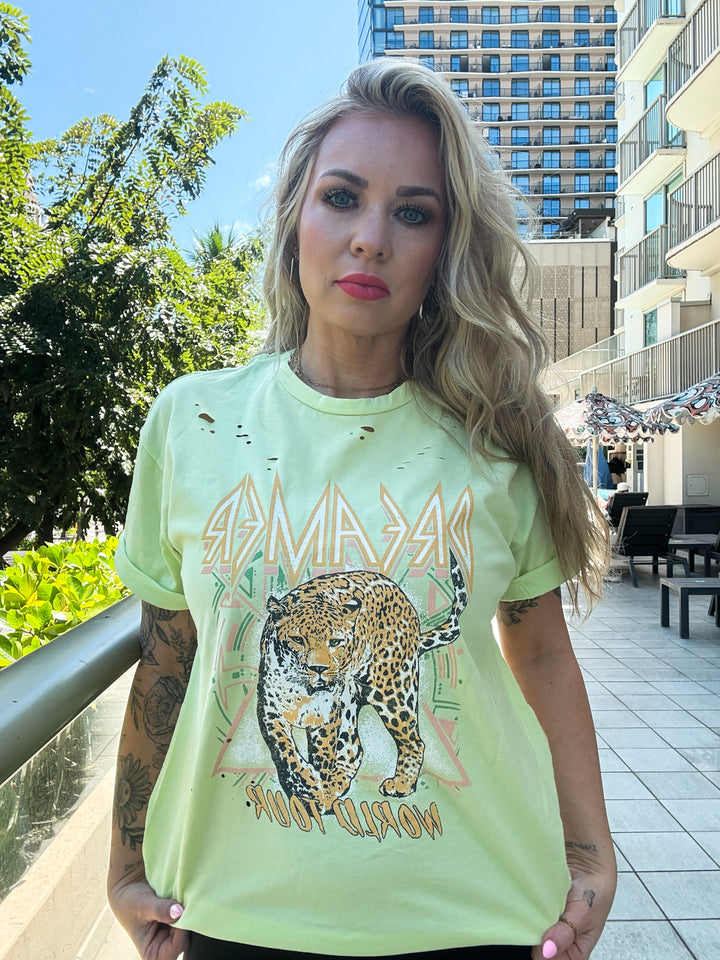 The Dreamer Tee -Lime Green, Leopard concert graphic tee with distressing 