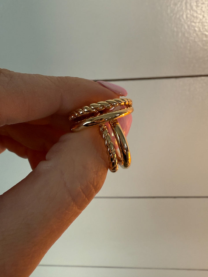 Solstice Wrap Ring -  layered, open-wrap design, adjustable, gold 