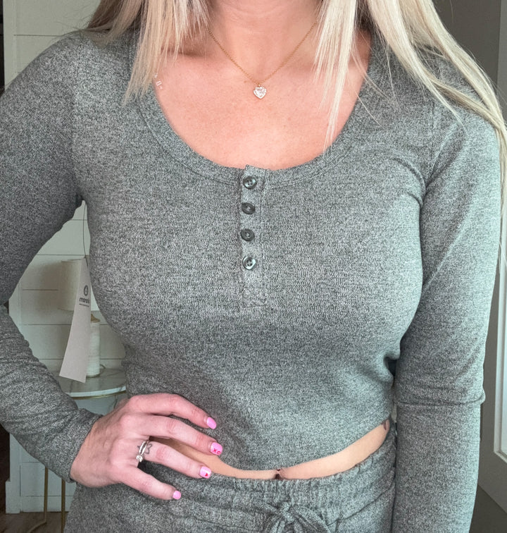 The Haven Lounge Top - long-sleeve with functional buttons henley features a scoop neckline, with a cropped length