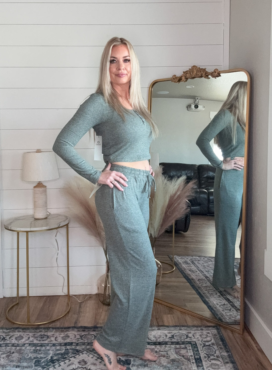 The Haven Lounge Top - long-sleeve with functional buttons henley features a scoop neckline, with a cropped length
