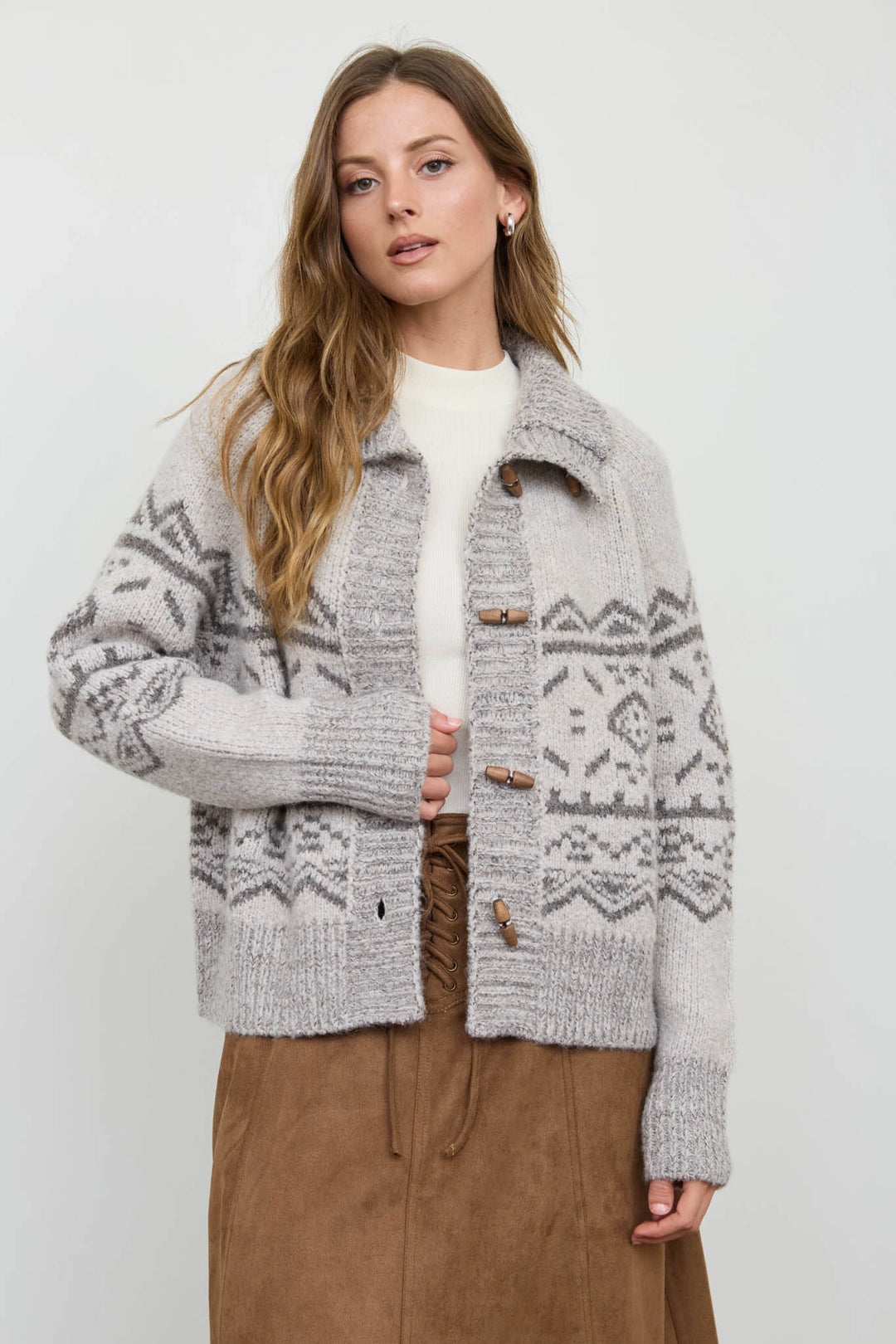 The Freya Mock Neck Toggle Cardigan – Light Taupe Sustainable Wool Blend