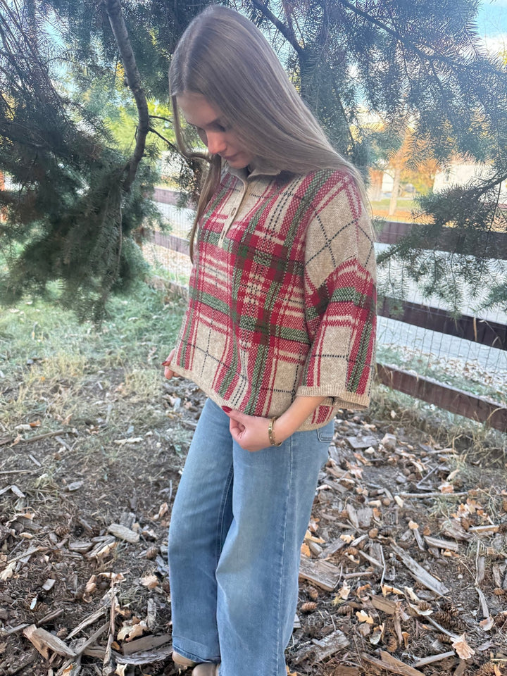 Agatha Plaid 3/4 Sleeve Knit Pullover - Stand Collar Sweater - Timber &amp; Velvet Boutique
