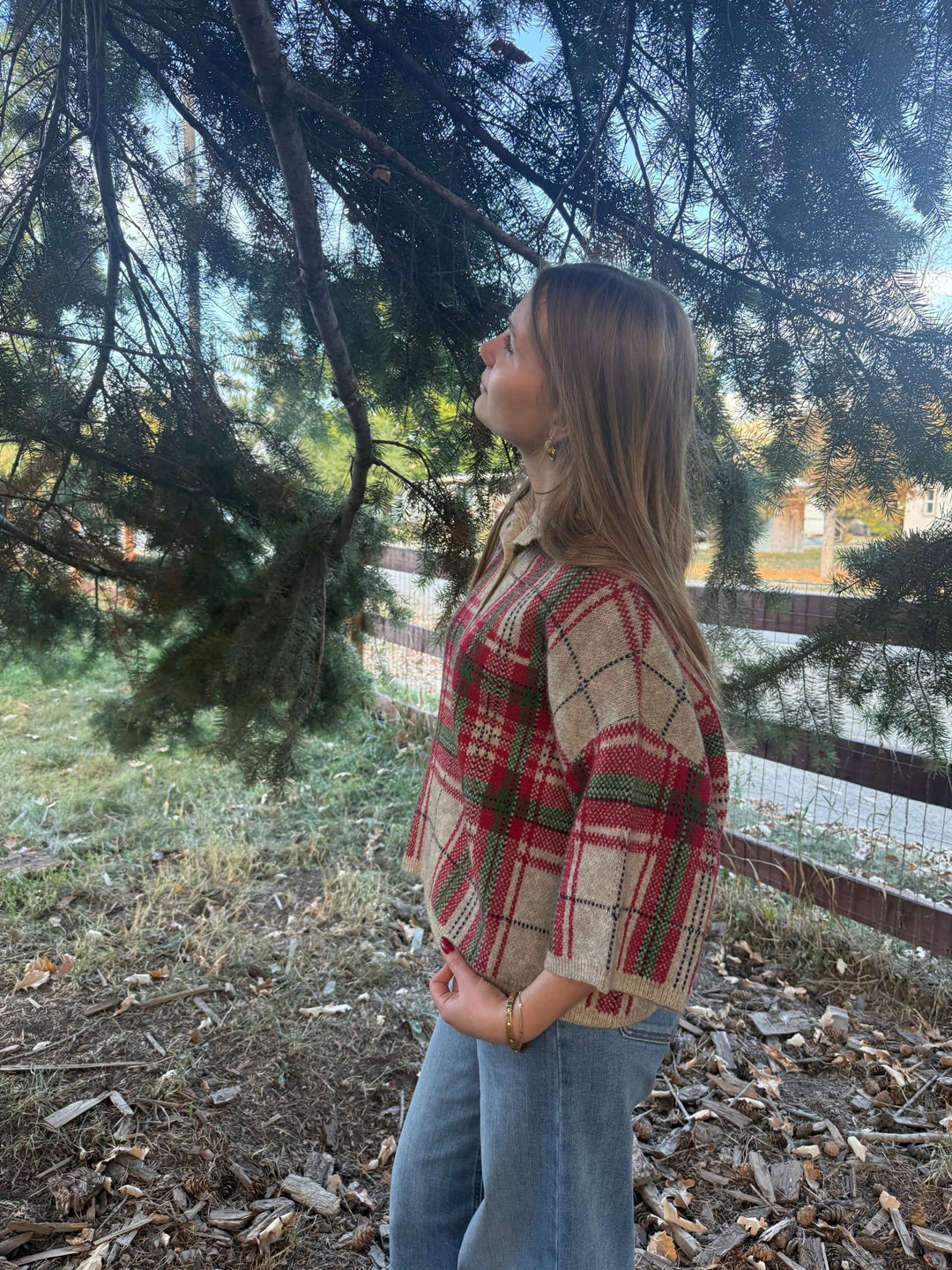 Agatha Plaid 3/4 Sleeve Knit Pullover - Stand Collar Sweater - Timber &amp; Velvet Boutique