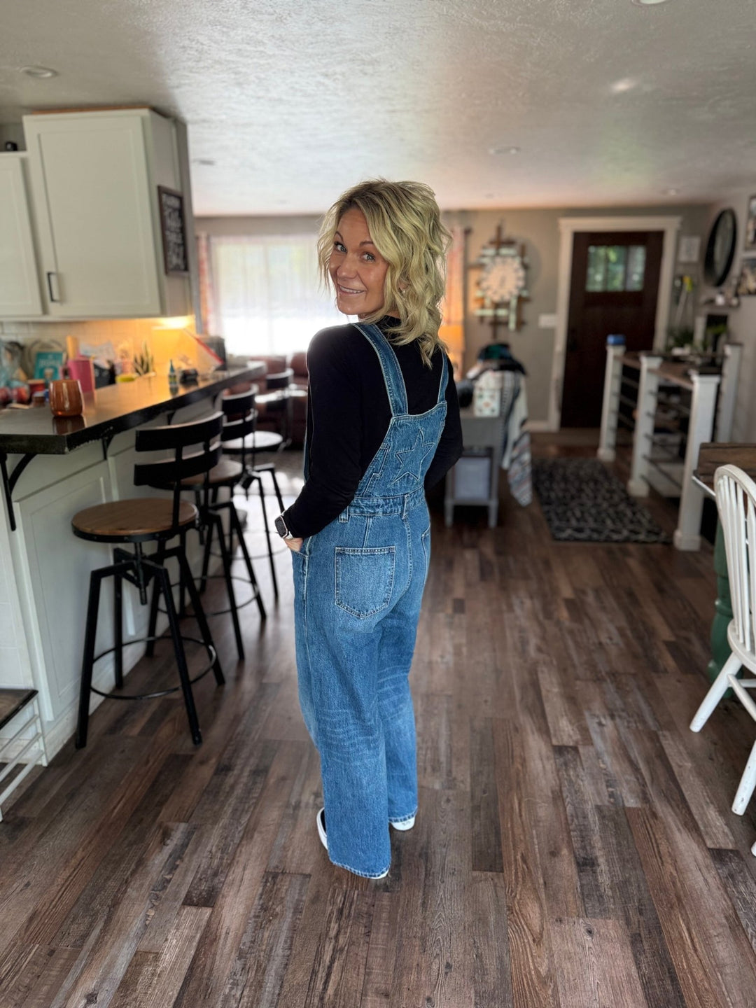 Bayeas Star-Patch Distressed Denim Overalls - Loose Fit Mid-Wash - Timber &amp; Velvet Boutique