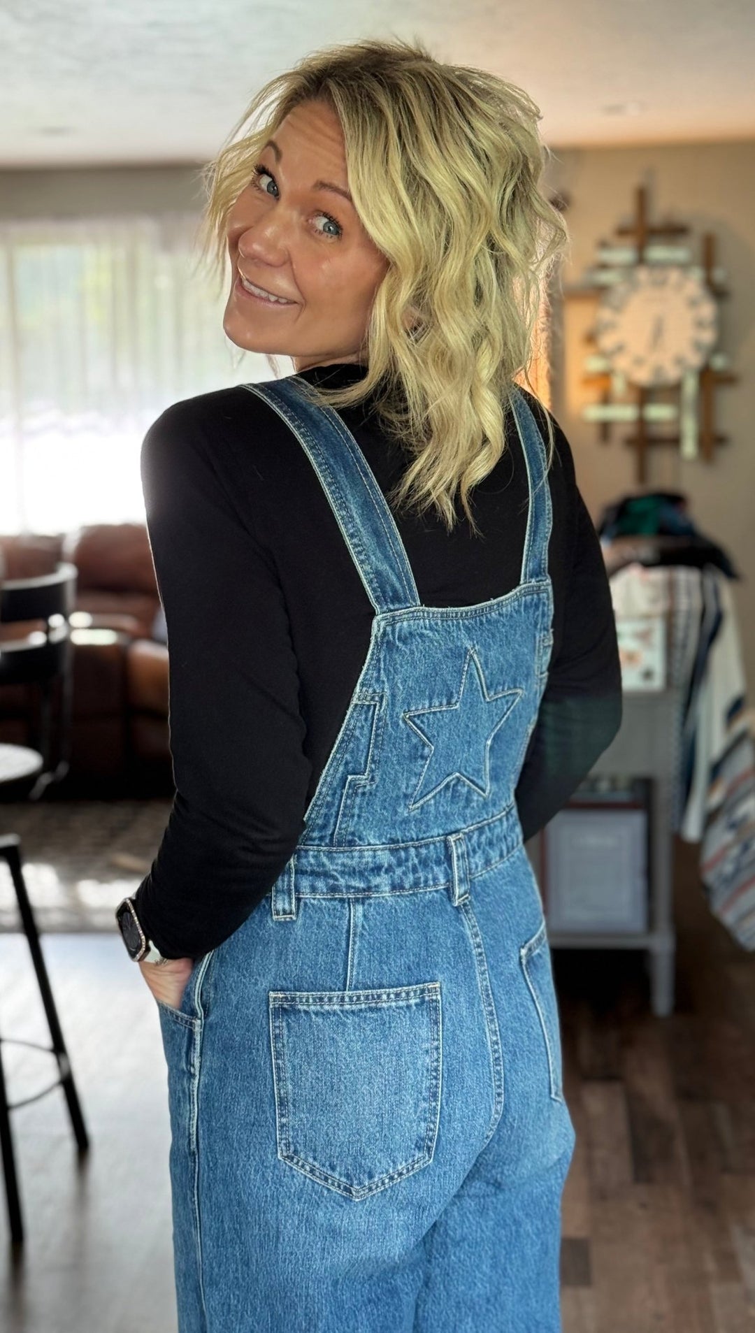 Bayeas Star-Patch Distressed Denim Overalls - Loose Fit Mid-Wash - Timber &amp; Velvet Boutique