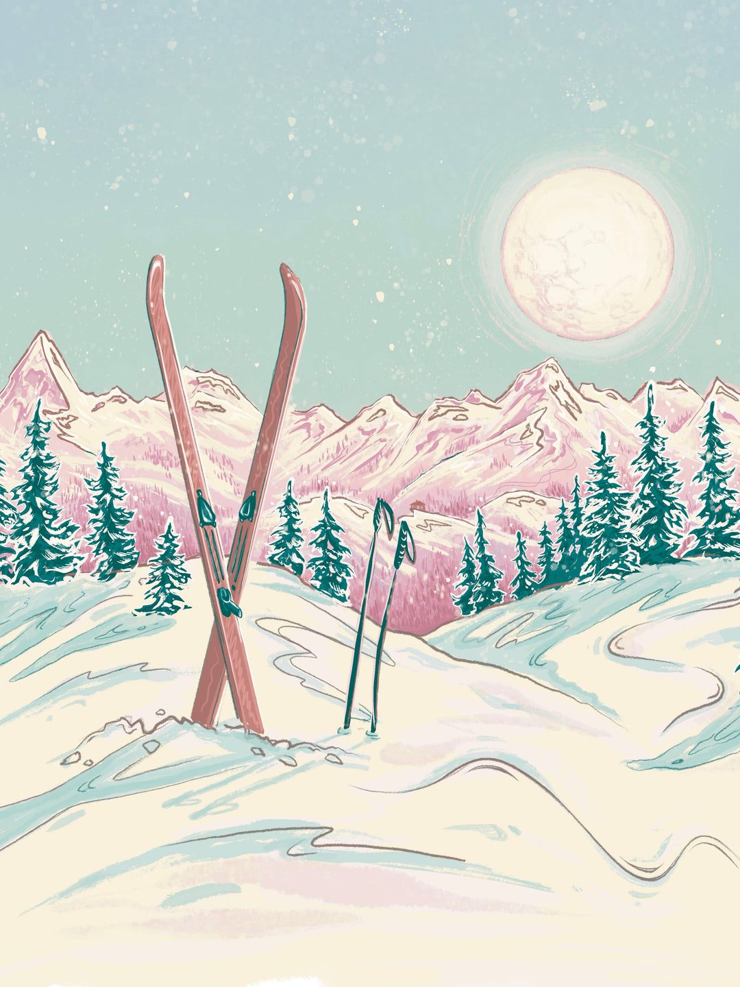 Ski equipment left in the snow with a mountain and moon background