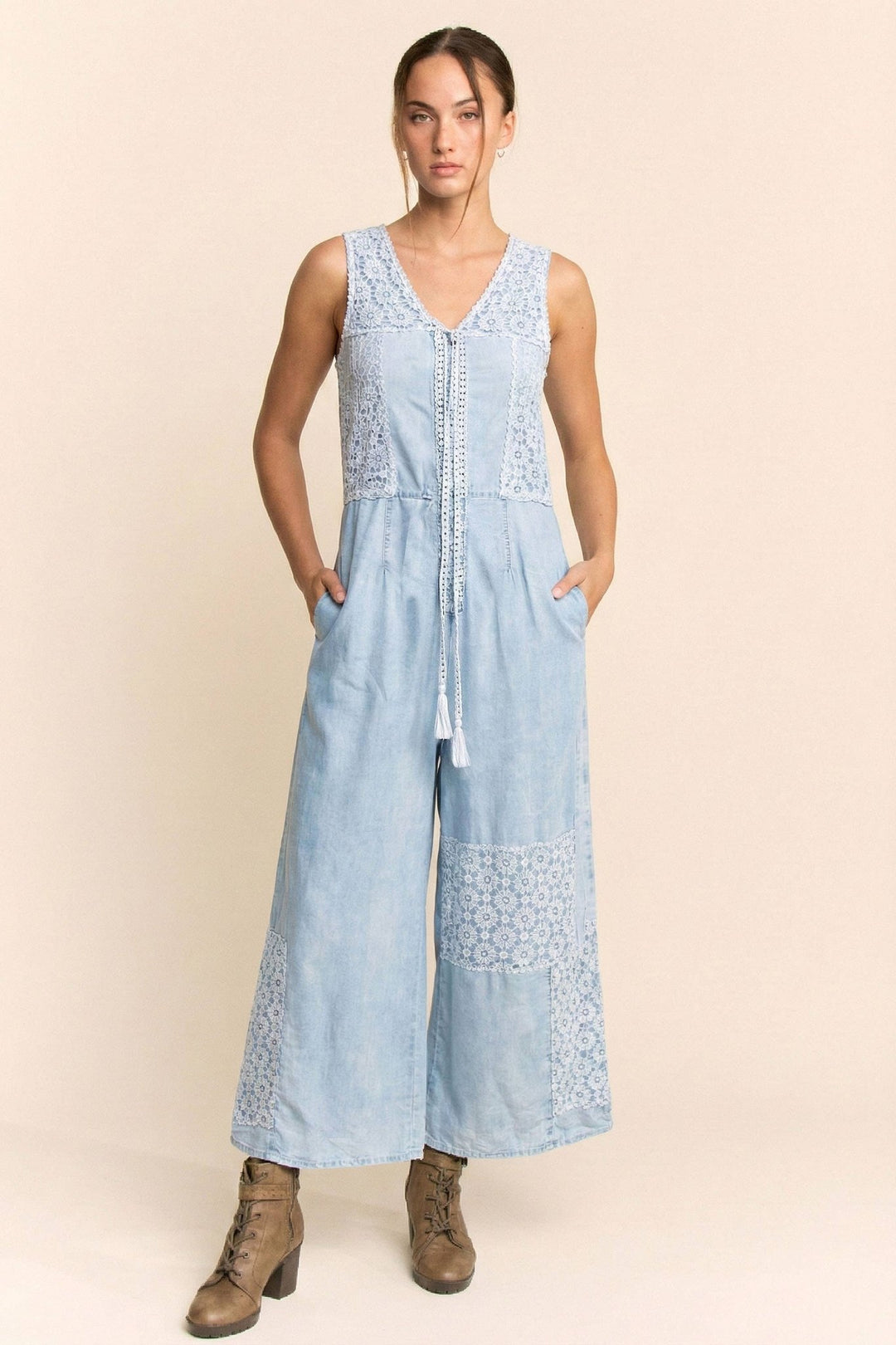 Chanel Lace Patchwork Denim Jumpsuit: Light Wash Boho Chic - Timber &amp; Velvet Boutique