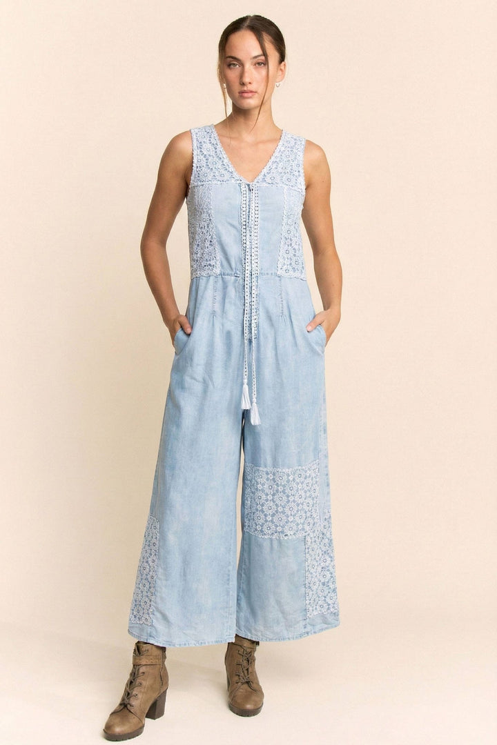Chanel Lace Patchwork Denim Jumpsuit: Light Wash Boho Chic - Timber &amp; Velvet Boutique