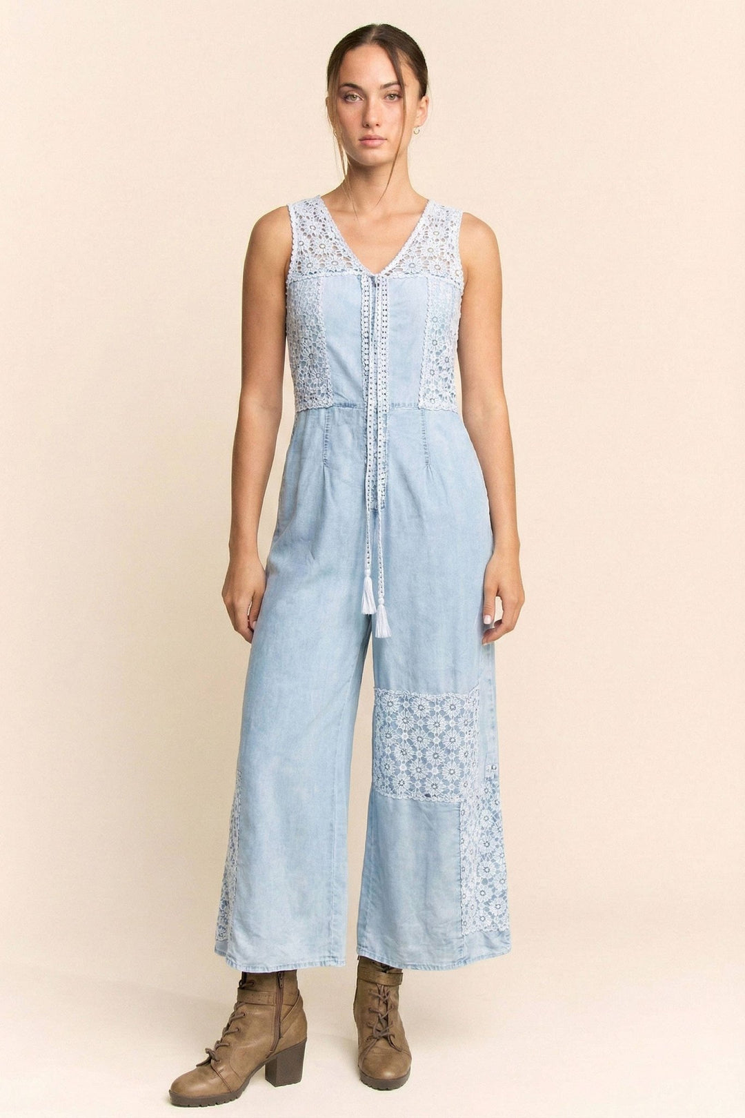 Chanel Lace Patchwork Denim Jumpsuit: Light Wash Boho Chic - Timber &amp; Velvet Boutique