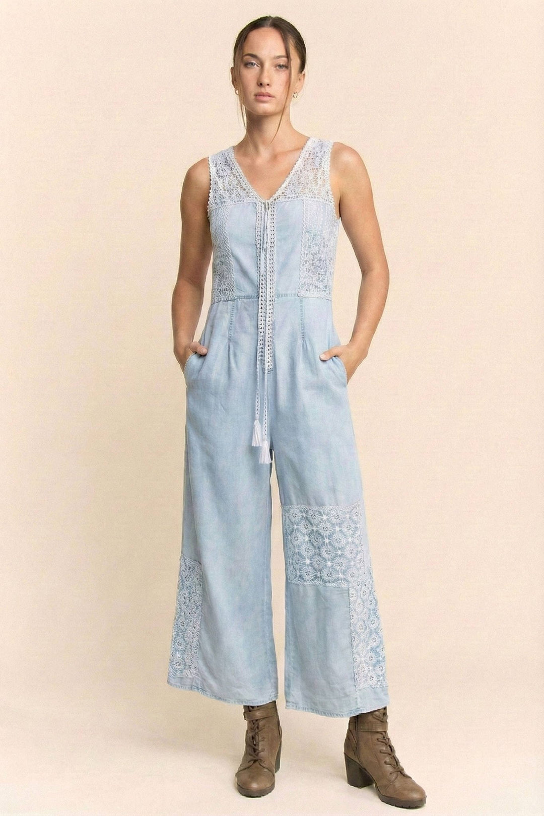 Chanel Lace Patchwork Denim Jumpsuit: Light Wash Boho Chic - Timber &amp; Velvet Boutique