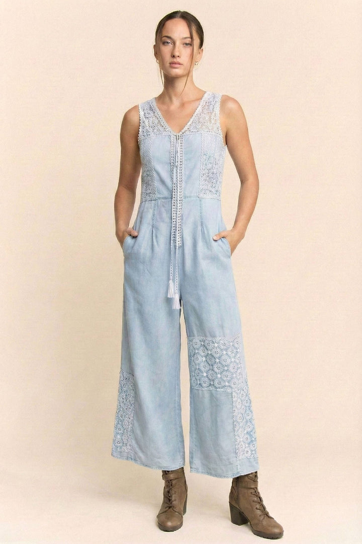 Chanel Lace Patchwork Denim Jumpsuit: Light Wash Boho Chic - Timber &amp; Velvet Boutique