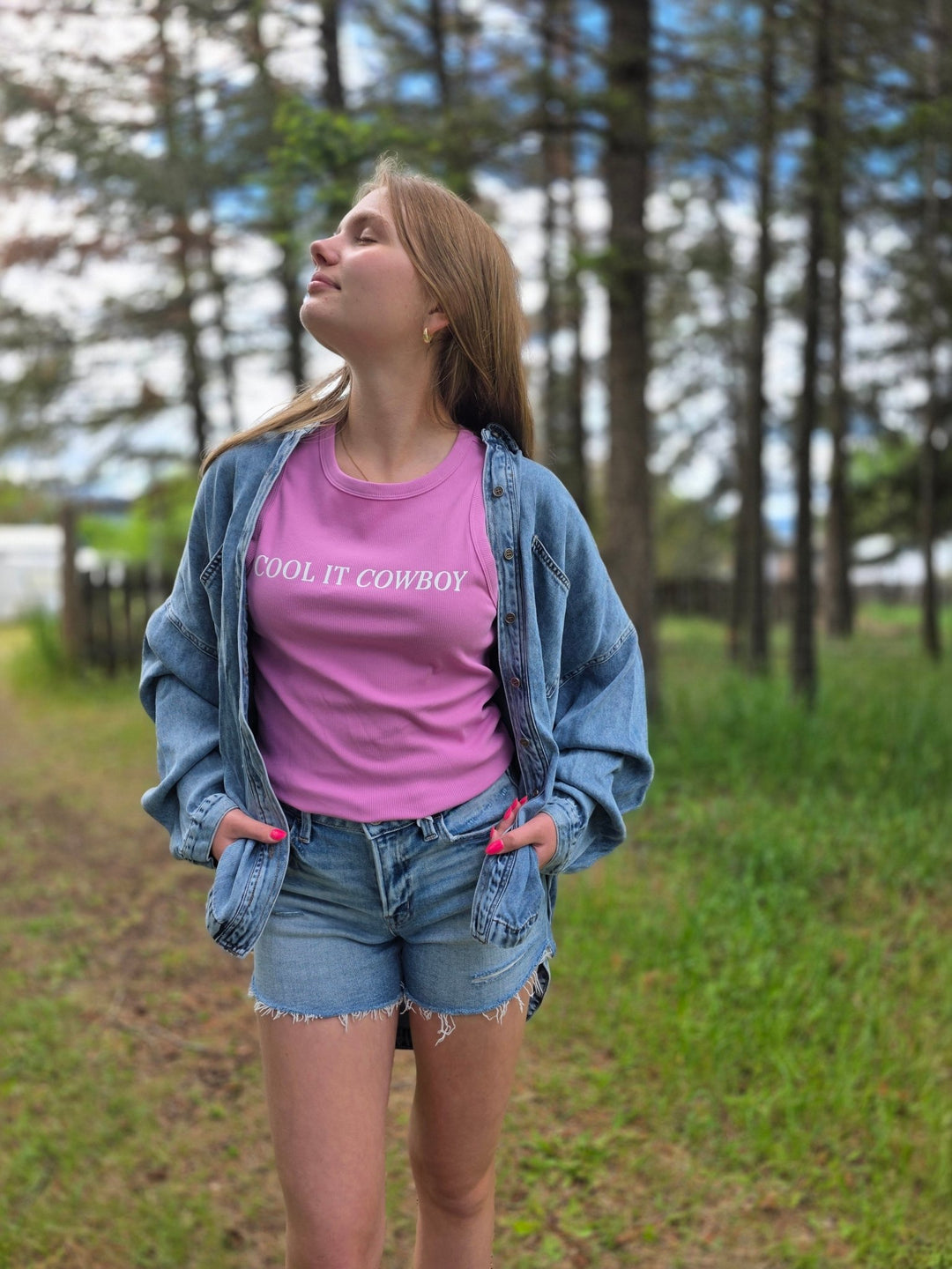 "Cool It Cowboy" Vibrant Pink Ribbed Graphic Tank Top - Timber &amp; Velvet Boutique