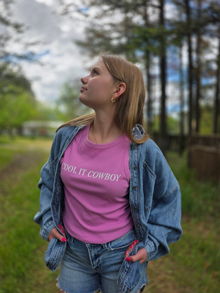 "Cool It Cowboy" Vibrant Pink Ribbed Graphic Tank Top - Timber &amp; Velvet Boutique