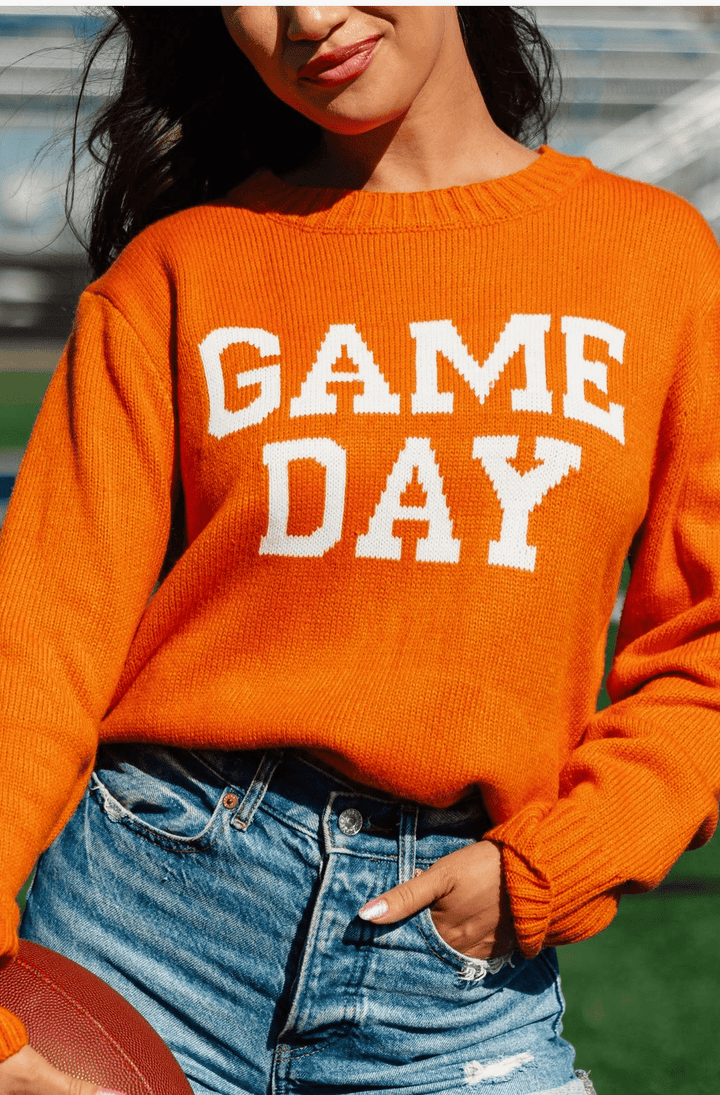 Game Day Graphic Knit Sweater - Navy &amp; Orange Tailgate Crewneck - Timber &amp; Velvet Boutique