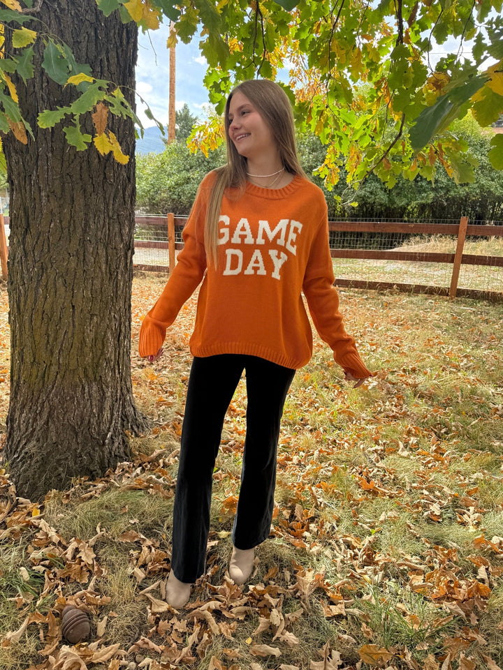 Game Day Graphic Knit Sweater - Navy &amp; Orange Tailgate Crewneck - Timber &amp; Velvet Boutique