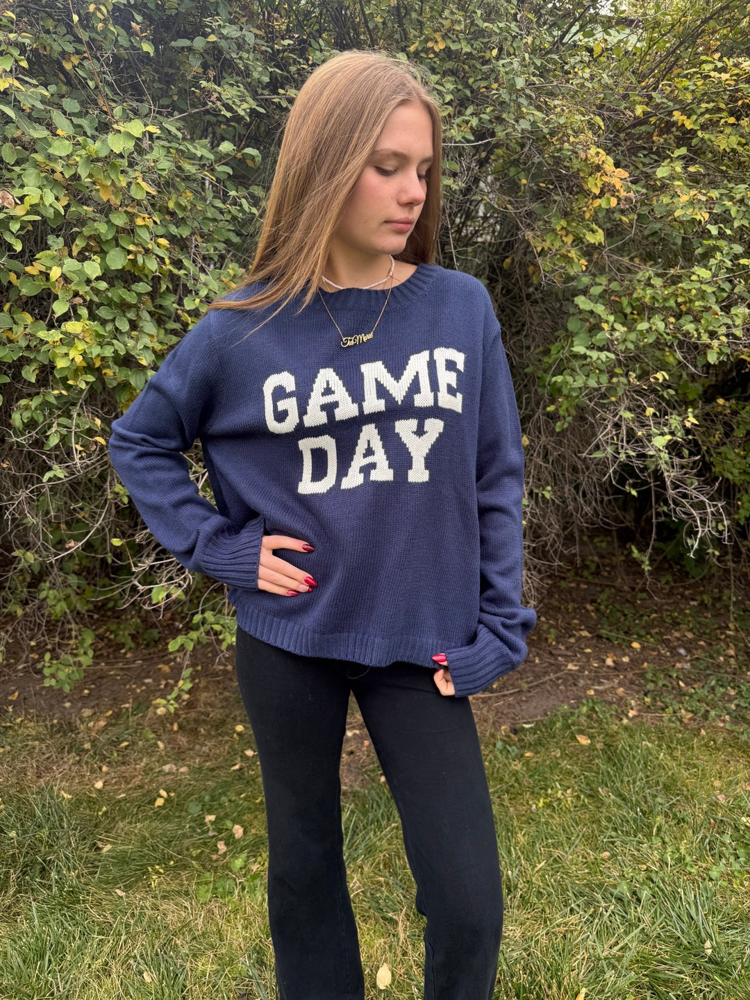 Game Day Graphic Knit Sweater - Navy &amp; Orange Tailgate Crewneck - Timber &amp; Velvet Boutique