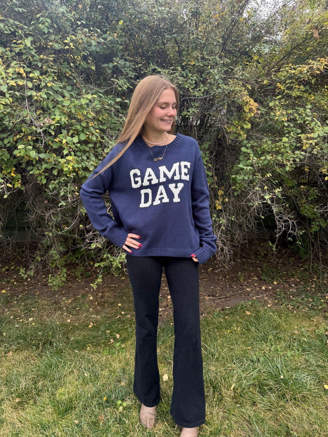 Game Day Graphic Knit Sweater - Navy &amp; Orange Tailgate Crewneck - Timber &amp; Velvet Boutique