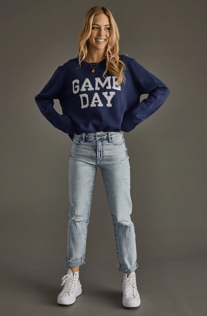 Game Day Graphic Knit Sweater - Navy &amp; Orange Tailgate Crewneck - Timber &amp; Velvet Boutique