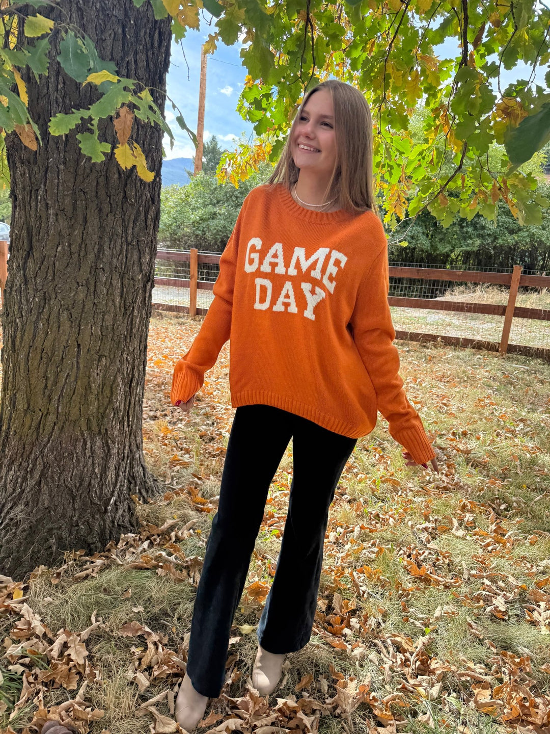 Game Day Graphic Knit Sweater - Navy &amp; Orange Tailgate Crewneck - Timber &amp; Velvet Boutique
