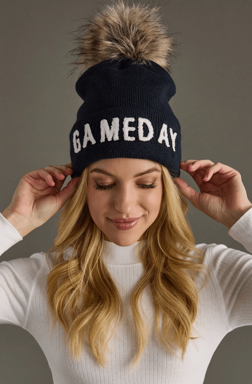 Game Day Pom Beanie – Luxe Faux Fur Knit Hat - Timber &amp; Velvet Boutique