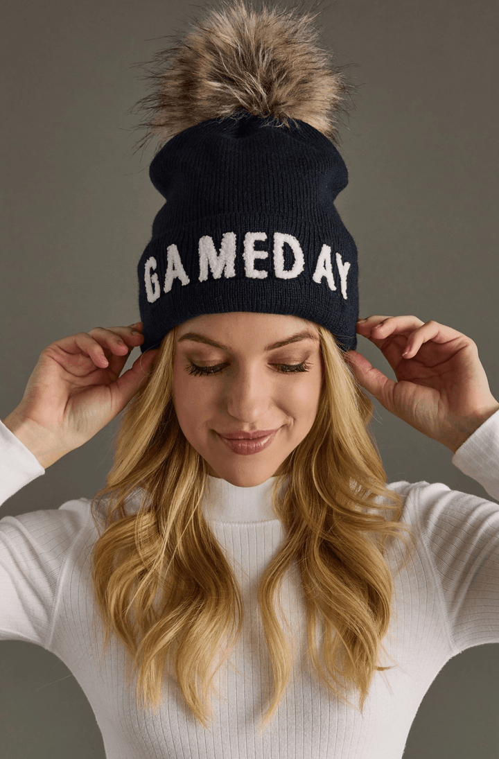 Game Day Pom Beanie – Luxe Faux Fur Knit Hat - Timber &amp; Velvet Boutique