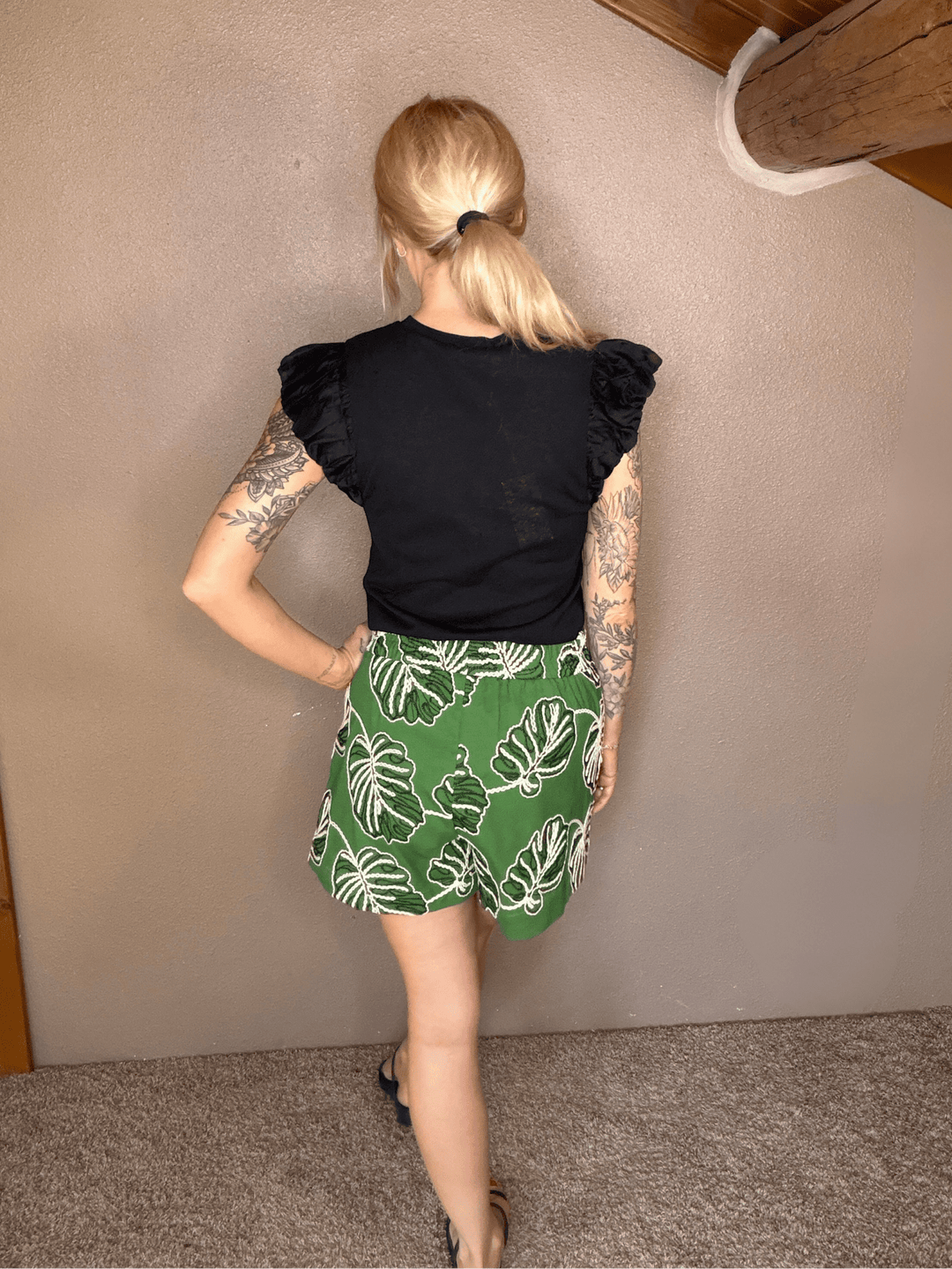 Mable Tropical Monstera Embroidered Linen-Blend Shorts in Forest Green - Timber &amp; Velvet Boutique