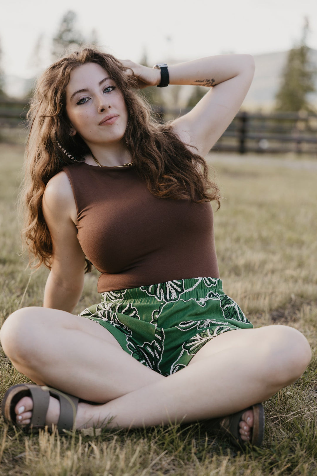 Mable Tropical Monstera Embroidered Linen-Blend Shorts in Forest Green - Timber & Velvet Boutique