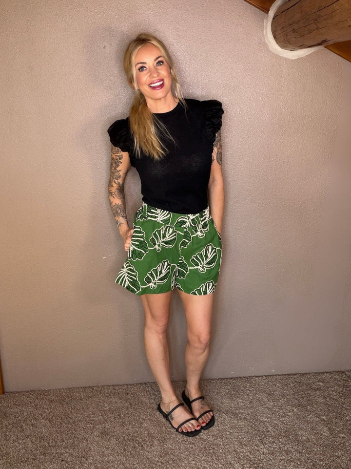 Mable Tropical Monstera Embroidered Linen-Blend Shorts in Forest Green - Timber &amp; Velvet Boutique