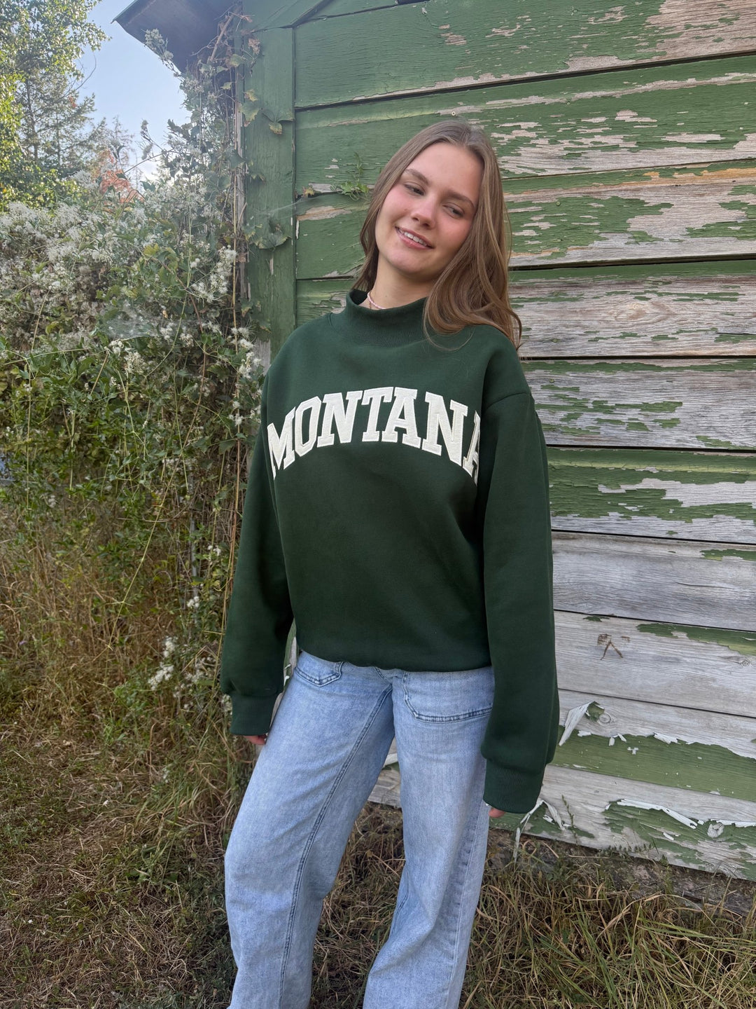Montana Varsity Mockneck Sweatshirt – Forest Green - Timber & Velvet Boutique