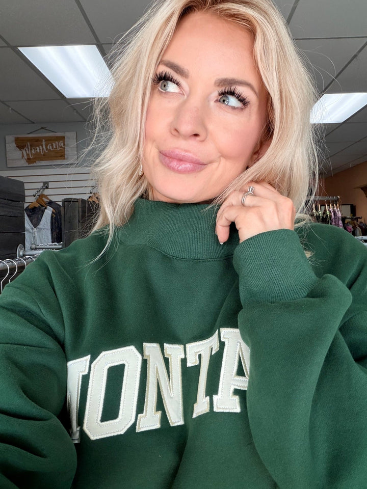 Montana Varsity Mockneck Sweatshirt – Forest Green - Timber &amp; Velvet Boutique