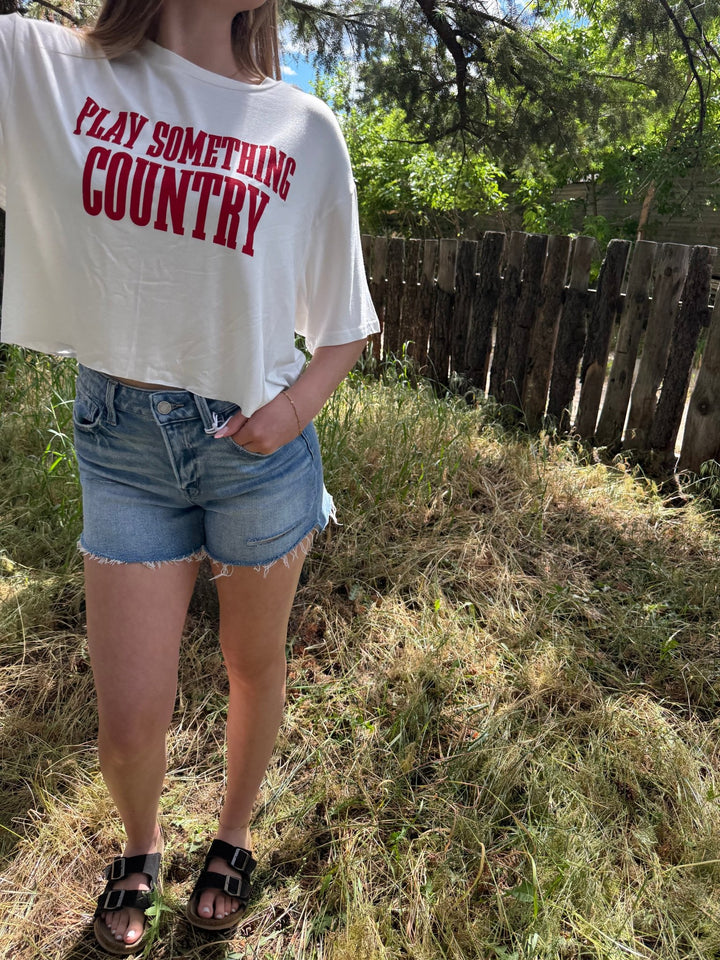 "Play Something Country" Cropped Graphic Tee: Nashville-Inspired White &amp; Red Crop Top - Timber &amp; Velvet Boutique
