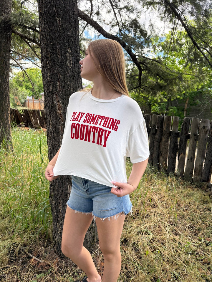 "Play Something Country" Cropped Graphic Tee: Nashville-Inspired White &amp; Red Crop Top - Timber &amp; Velvet Boutique