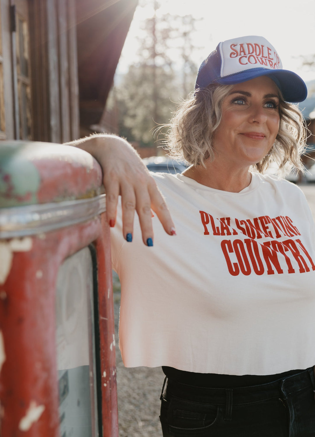 "Play Something Country" Cropped Graphic Tee: Nashville-Inspired White & Red Crop Top - Timber & Velvet Boutique
