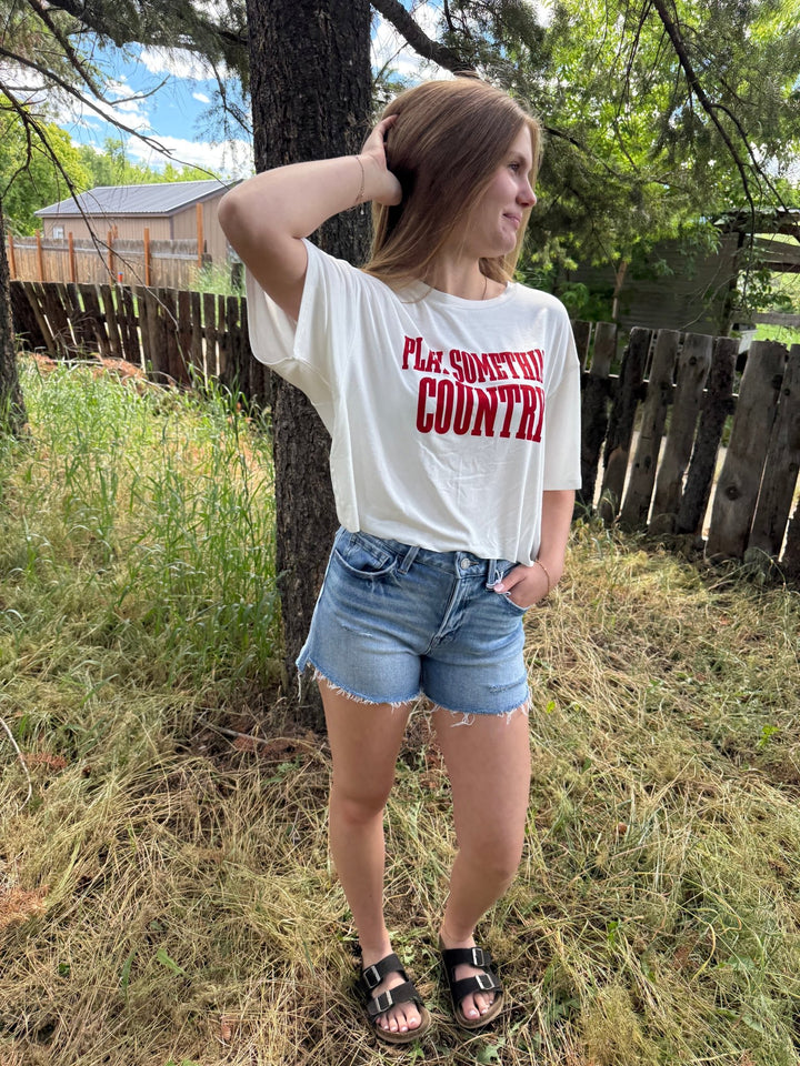 "Play Something Country" Cropped Graphic Tee: Nashville-Inspired White &amp; Red Crop Top - Timber &amp; Velvet Boutique